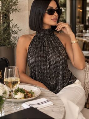 Sabina Musayev Black Metallic One-Shoulder Halter Dress